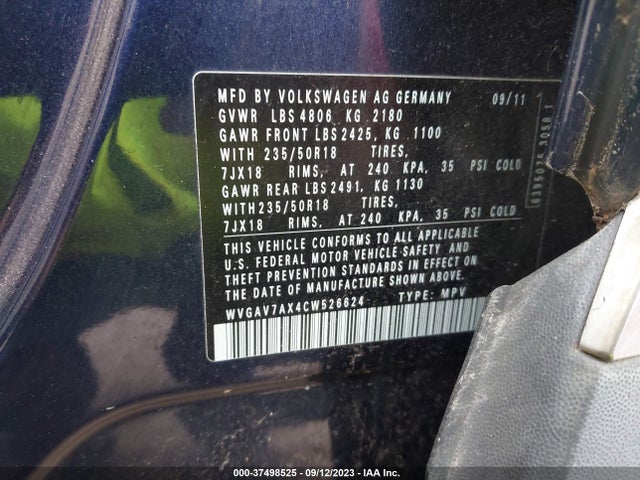 2012 VOLKSWAGEN TIGUAN SE VIN: WVGAV7AX4CW526624