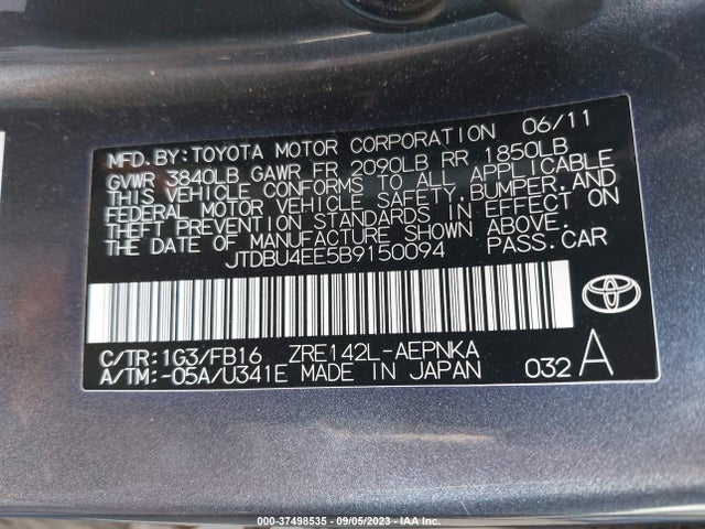 2011 TOYOTA COROLLA L/LE/S VIN: JTDBU4EE5B9150094