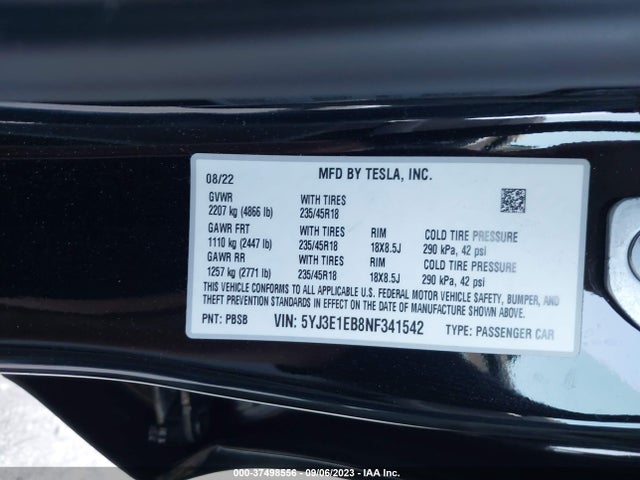 2022 Tesla 3, VIN: 5YJ3E1EB8NF341542