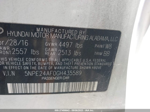 2016 HYUNDAI SONATA 2.4L SE VIN: 5NPE24AF0GH435589