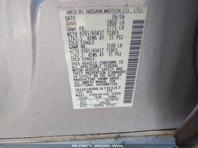 2006 NISSAN PATHFINDER LE VIN: 5N1AR18U96C670107
