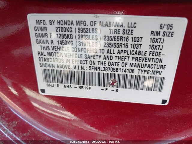 2005 HONDA ODYSSEY EX-L VIN: 5FNRL38705B114106