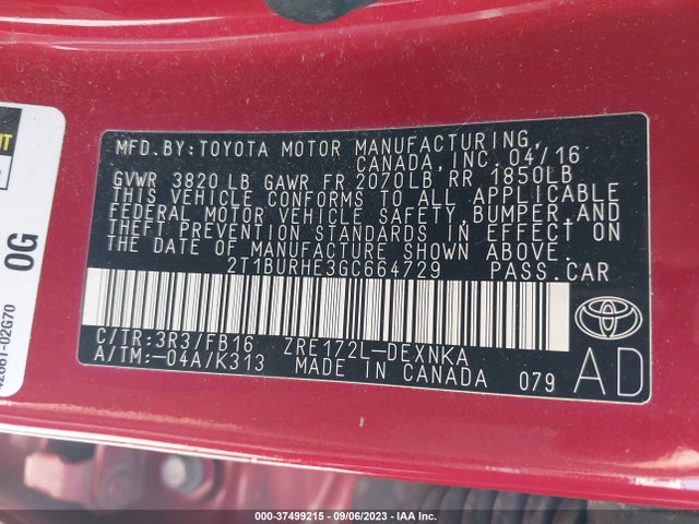 2016 TOYOTA COROLLA L/LE/S/S PLUS/LE PLUS VIN: 2T1BURHE3GC664729