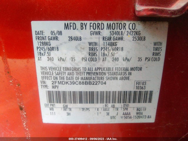 2008 FORD EDGE LIMITED VIN: 2FMDK39C88BB22704