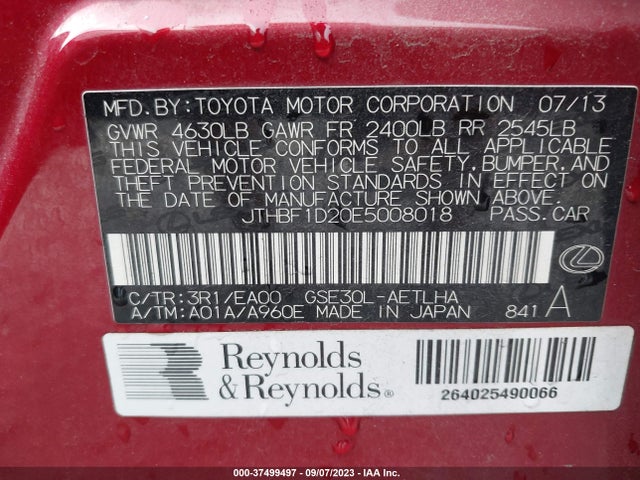 Lexus IS 250 2014 JTHBF1D20E5008018 Image 9