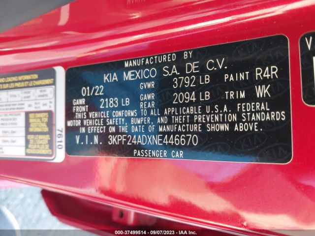 3KPF24ADXNE446670 KIA Forte Lxs