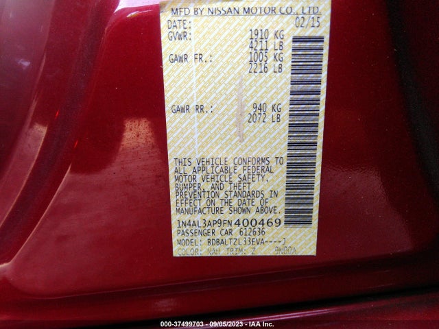 2015 NISSAN ALTIMA 2.5 SL VIN: 1N4AL3AP9FN400469
