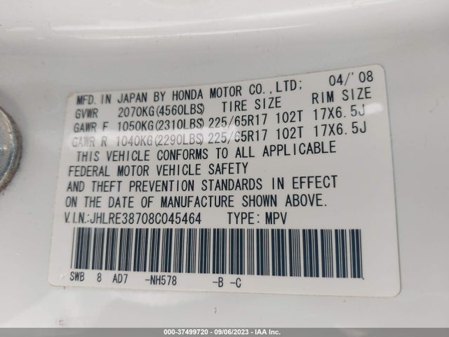2008 HONDA CR-V EX-L VIN: JHLRE38708C045464