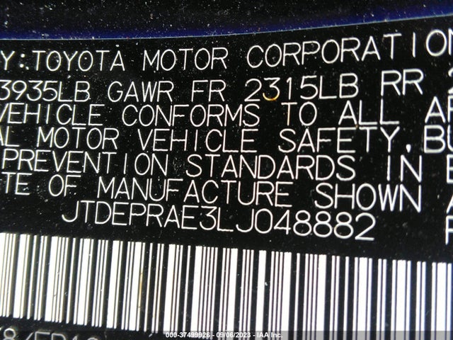 2020 TOYOTA COROLLA LE VIN: JTDEPRAE3LJ048882