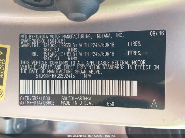 2016 TOYOTA HIGHLANDER XLE VIN: 5TDKKRFHXGS502445