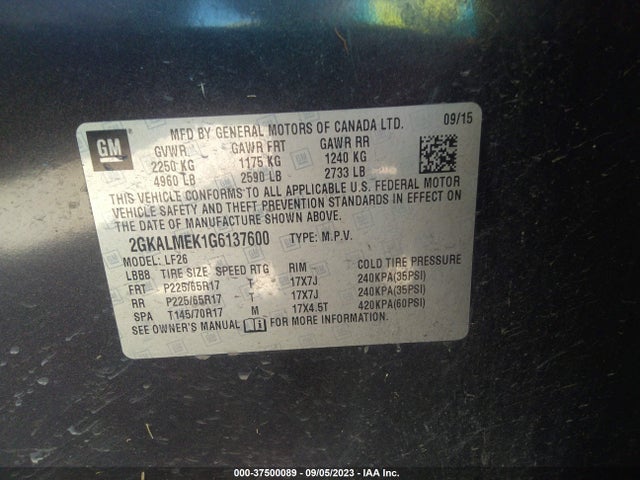 GMC Terrain Sle 2016 2GKALMEK1G6137600 Image 9