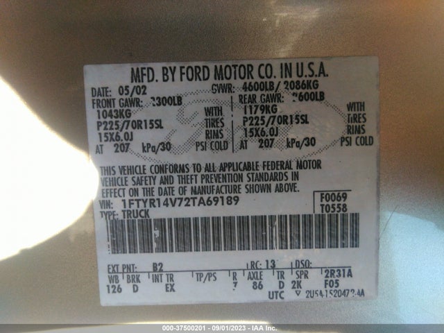 2002 FORD RANGER XL/XLT VIN: 1FTYR14V72TA69189
