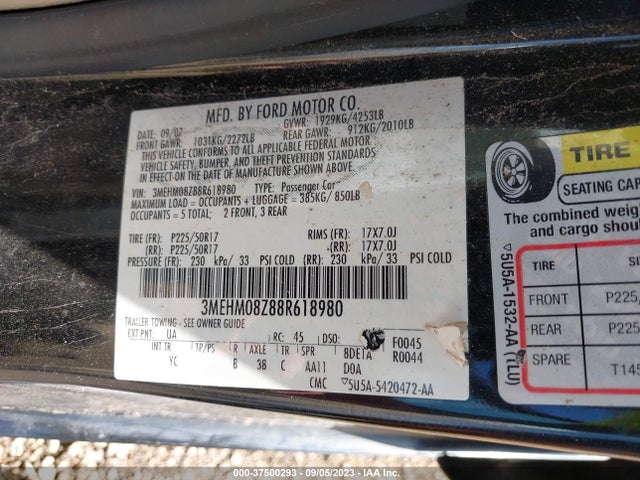 2008 MERCURY MILAN PREMIER VIN: 3MEHM08Z88R618980