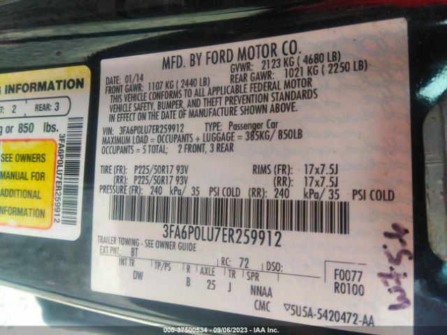 3FA6P0LU7ER259912 Ford Fusion Se Hybrid