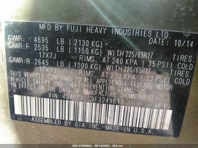 4S4BSACC9F3249611 Subaru Outback 2.5i Premium