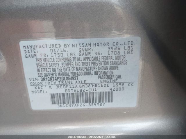3N1CN7AP2GL854927 Nissan VERSA SV