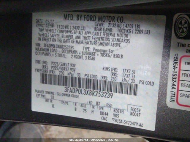 2011 FORD FUSION HYBRID VIN: 3FADP0L3XBR253239