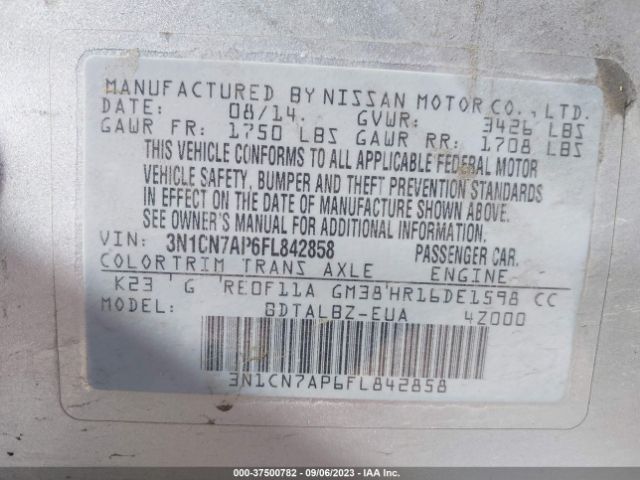3N1CN7AP6FL842858 Nissan VERSA SV