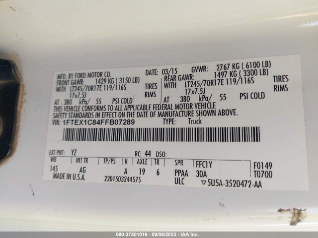 2015 FORD F-150 XL/XLT VIN: 1FTEX1C84FFB07289