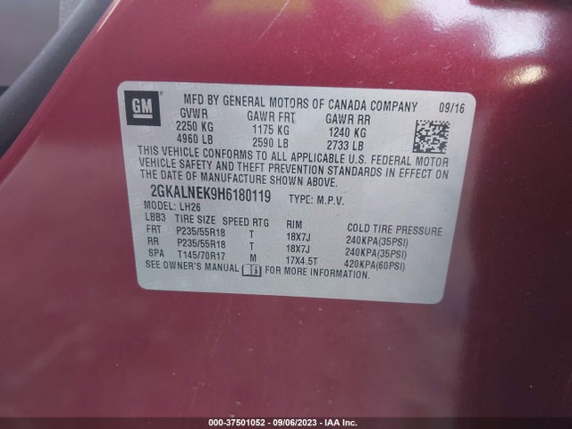 GMC Terrain Sle 2017 2GKALNEK9H6180119 Image 9