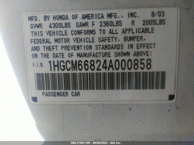 2004 HONDA ACCORD SDN EX VIN: 1HGCM66824A000858