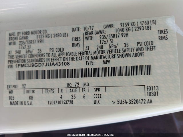 Ford ESCAPE SE 2018 1FMCU9GD7JUA43108 Image 9