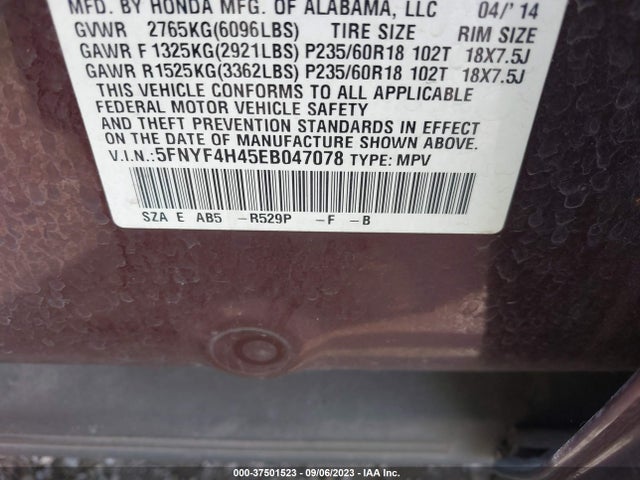 Honda Pilot Ex 2014 5FNYF4H45EB047078 Image 9