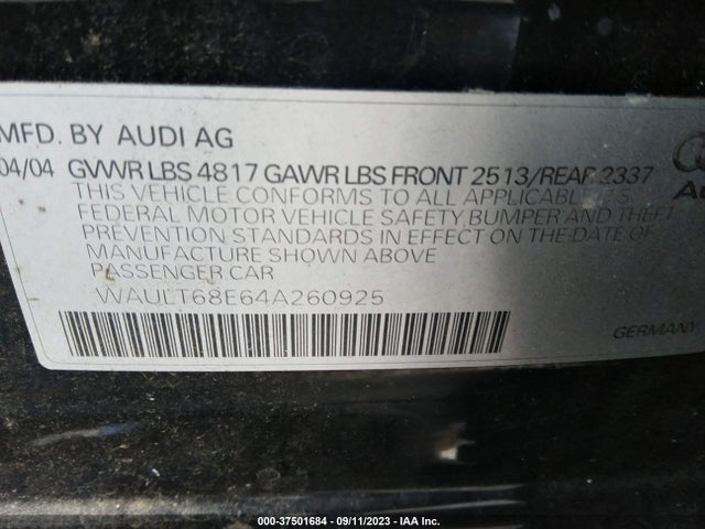 2004 AUDI A4 3.0L VIN: WAULT68E64A260925