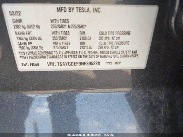 2022 TESLA MODEL Y PERFORMANCE VIN: 7SAYGDEF9NF395228