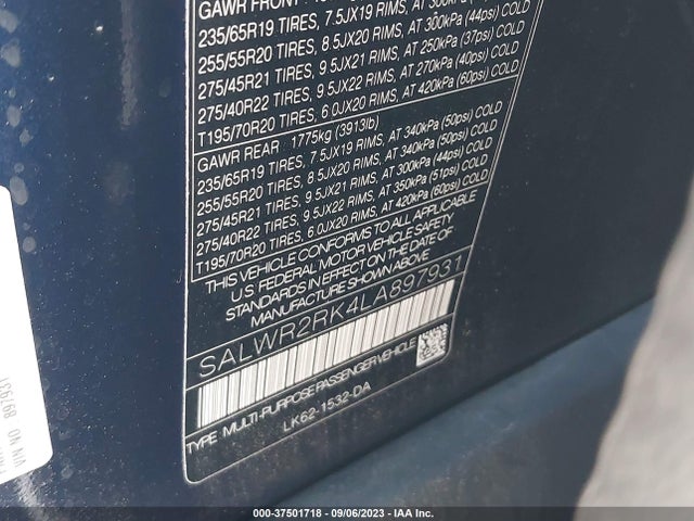 2020 LAND ROVER RANGE ROVER SPORT HSE VIN: SALWR2RK4LA897931