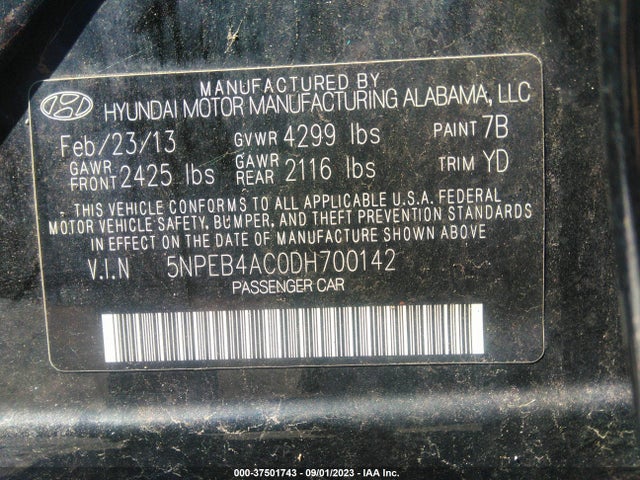 2013 HYUNDAI SONATA GLS PZEV VIN: 5NPEB4AC0DH700142