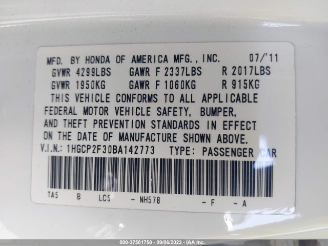 2011 HONDA ACCORD SDN LX VIN: 1HGCP2F30BA142773