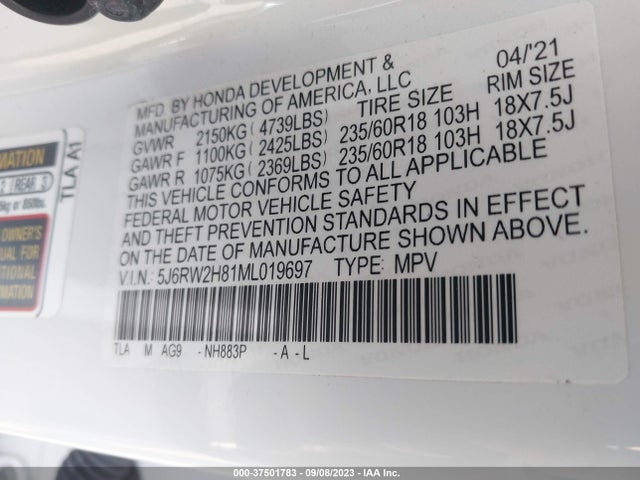 Honda Cr-v Ex-l 2021 5J6RW2H81ML019697 Image 9