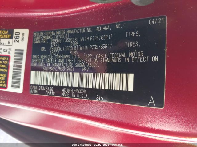 5TDYSKFC7MS019464 Toyota SIENNA XLE