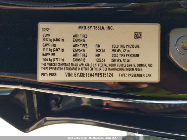 5YJ3E1EA4MF915124 Tesla Model 3 Standard Range Plus