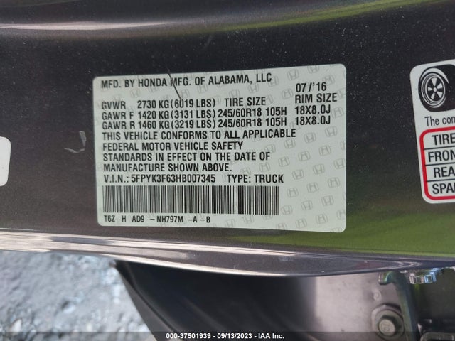 Honda Ridgeline Rtl-t 2017 5FPYK3F63HB007345 Image 9