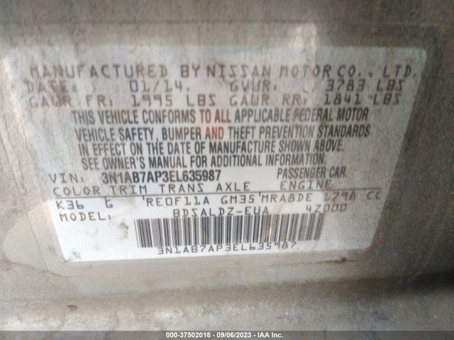 2014 NISSAN SENTRA SV VIN: 3N1AB7AP3EL635987