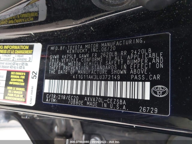 Toyota CAMRY SE 2020 4T1G11AK3LU372149 Image 9