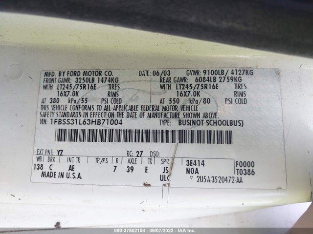 2003 FORD ECONOLINE WAGON XL/XLT VIN: 1FBSS31L63HB71004