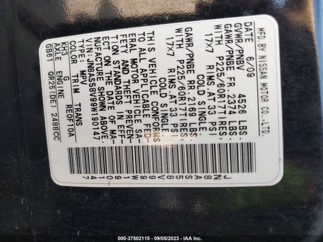 2009 NISSAN ROGUE SL VIN: JN8AS58V99W190147