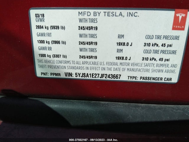 Tesla Model S 75d/p100d/100d 2018 5YJSA1E27JF243667 Image 9