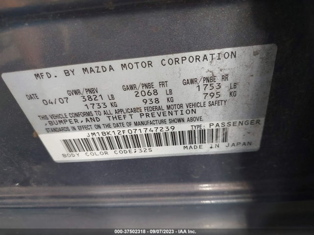 2007 MAZDA MAZDA3 I TOURING VIN: JM1BK12F071747239