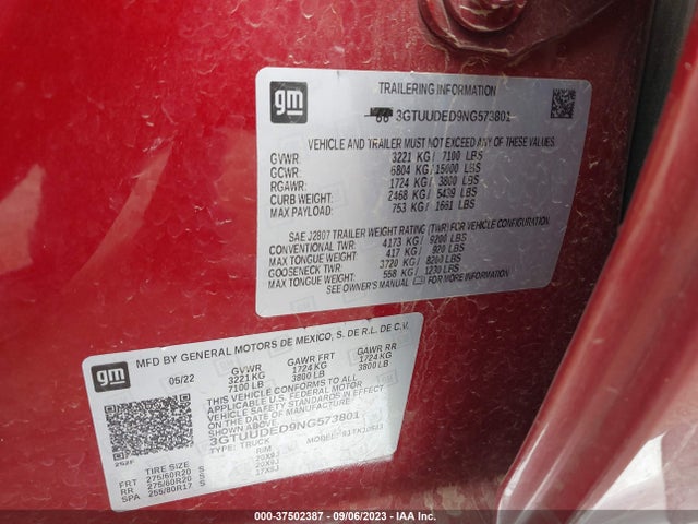2022 GMC SIERRA 1500 SLT VIN: 3GTUUDED9NG573801