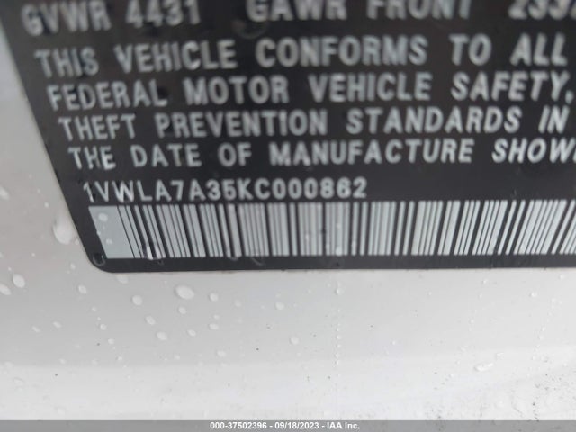 1VWLA7A35KC000862 Volkswagen Passat 2.0t Wolfsburg Edition