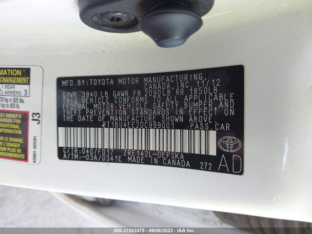 2013 TOYOTA COROLLA L/LE/S VIN: 2T1BU4EE2DC999001