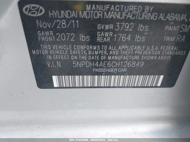 2012 HYUNDAI ELANTRA GLS VIN: 5NPDH4AE6CH126849