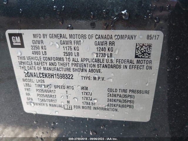 Chevrolet EQUINOX LT 2017 2GNALCEK8H1598322 Image 9