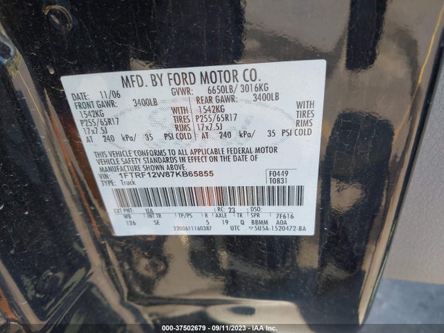 2007 FORD F-150 XL/STX/XLT VIN: 1FTRF12W87KB65855