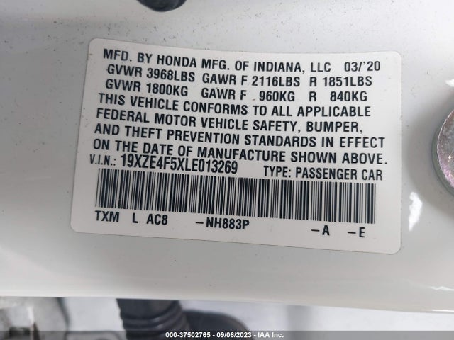 2020 HONDA INSIGHT EX VIN: 19XZE4F5XLE013269