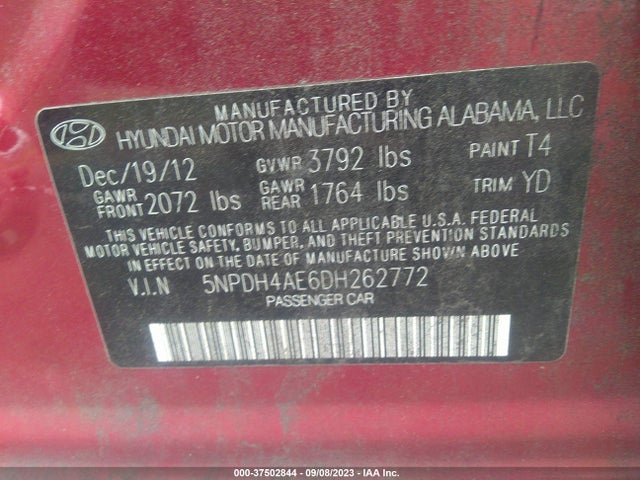 2013 HYUNDAI ELANTRA GLS VIN: 5NPDH4AE6DH262772